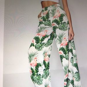 Woven Flamingo Print Wide Leg Pants